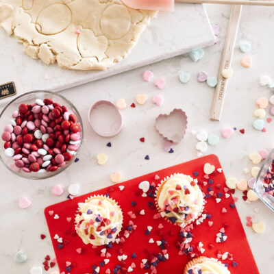 sweetheart cupcakes topped with buttercream frosting